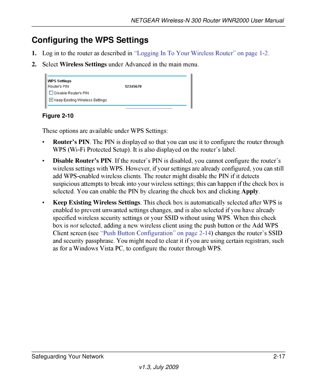 NETGEAR WNR2000 manual Configuring the WPS Settings 