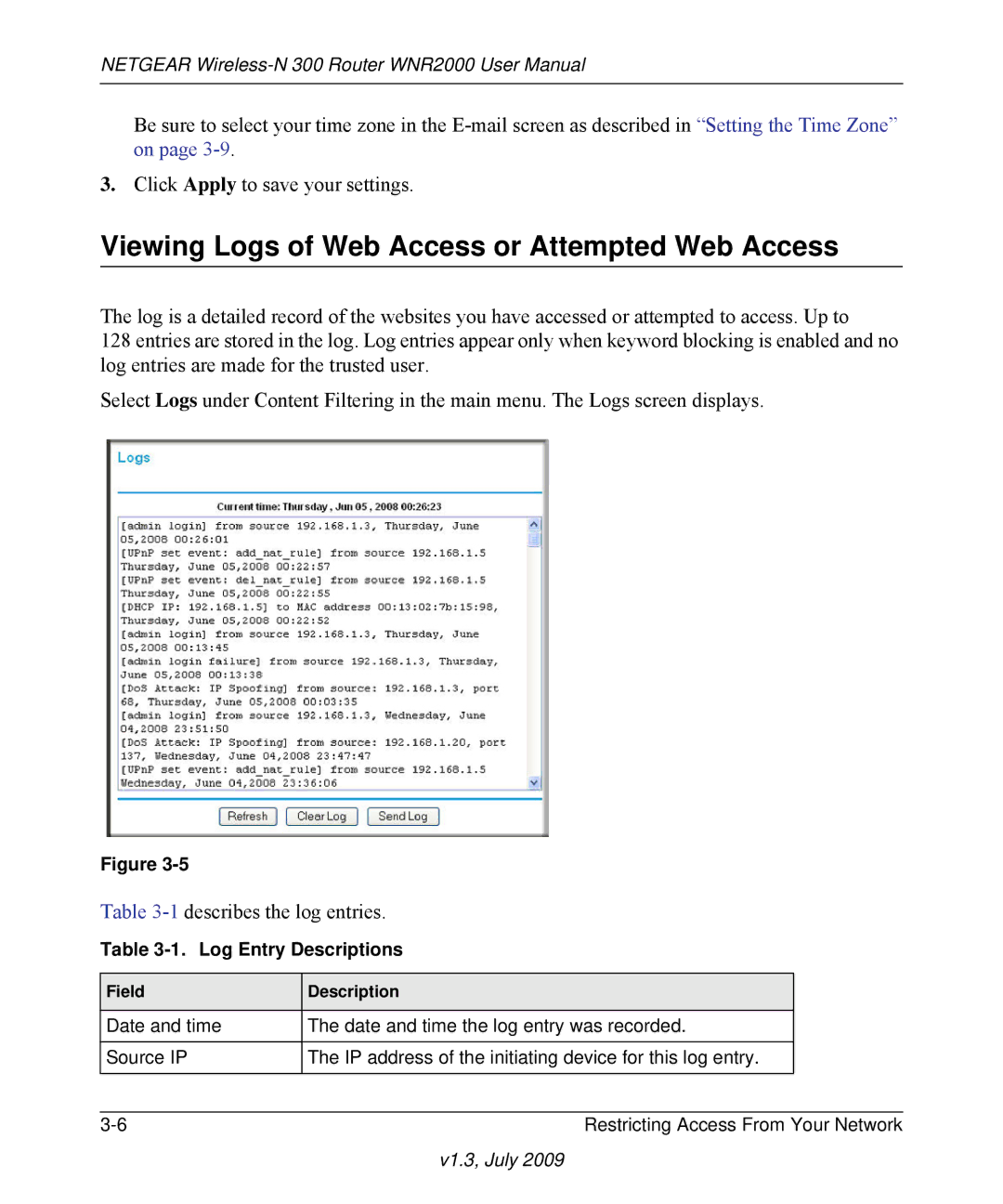 NETGEAR WNR2000 manual Viewing Logs of Web Access or Attempted Web Access, Log Entry Descriptions 