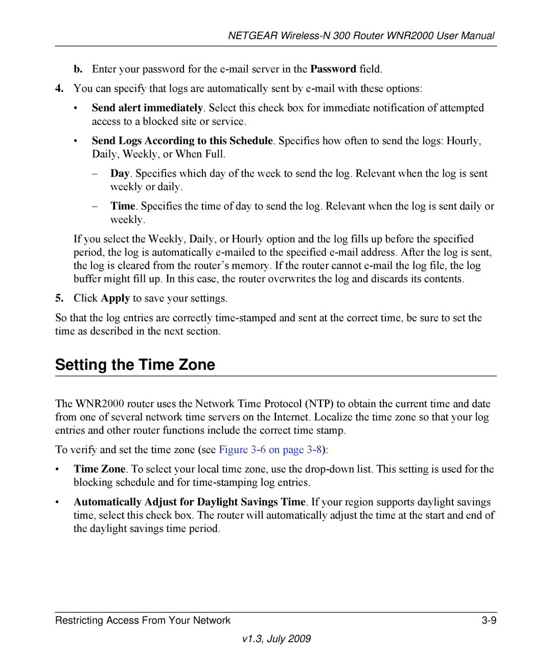 NETGEAR WNR2000 manual Setting the Time Zone 