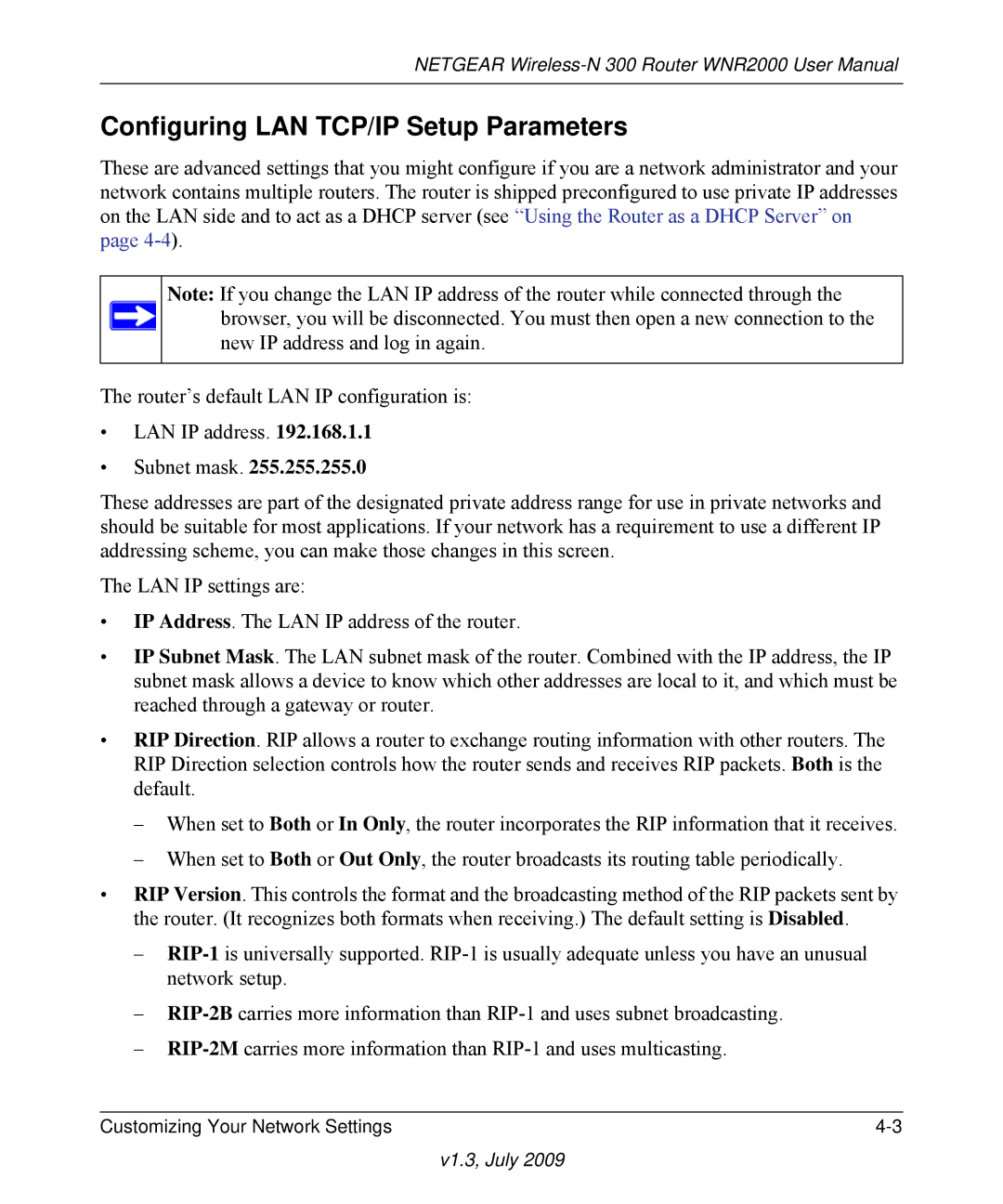 NETGEAR WNR2000 manual Configuring LAN TCP/IP Setup Parameters 