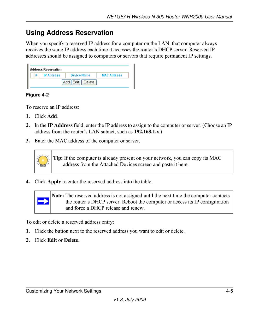 NETGEAR WNR2000 manual Using Address Reservation 