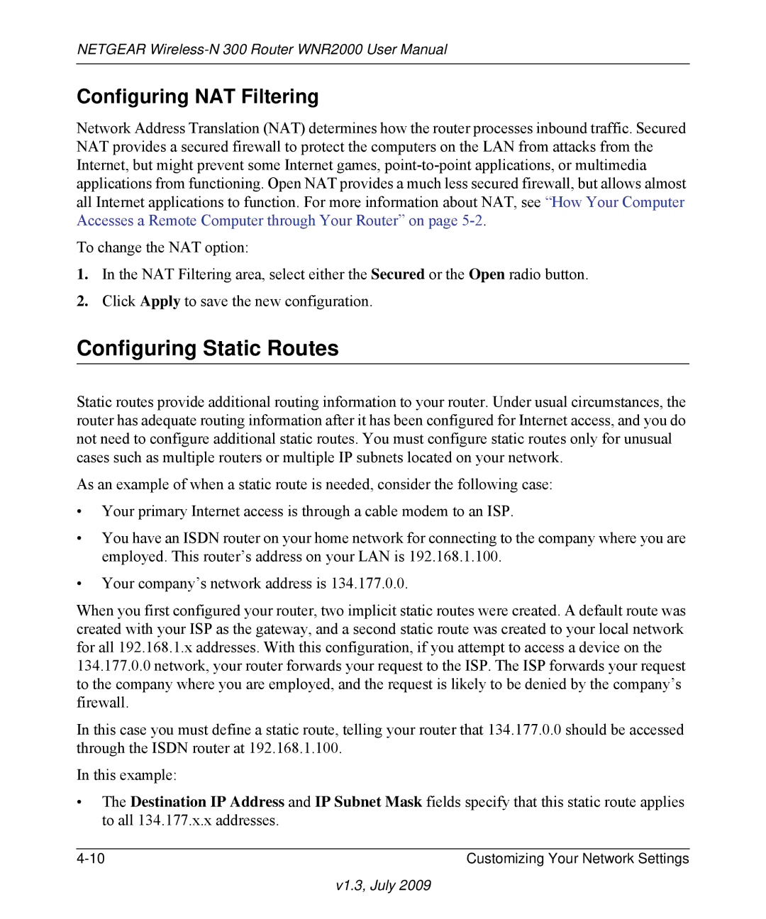 NETGEAR WNR2000 manual Configuring Static Routes, Configuring NAT Filtering 