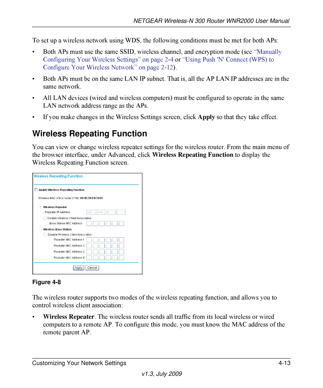 NETGEAR WNR2000 manual Wireless Repeating Function 