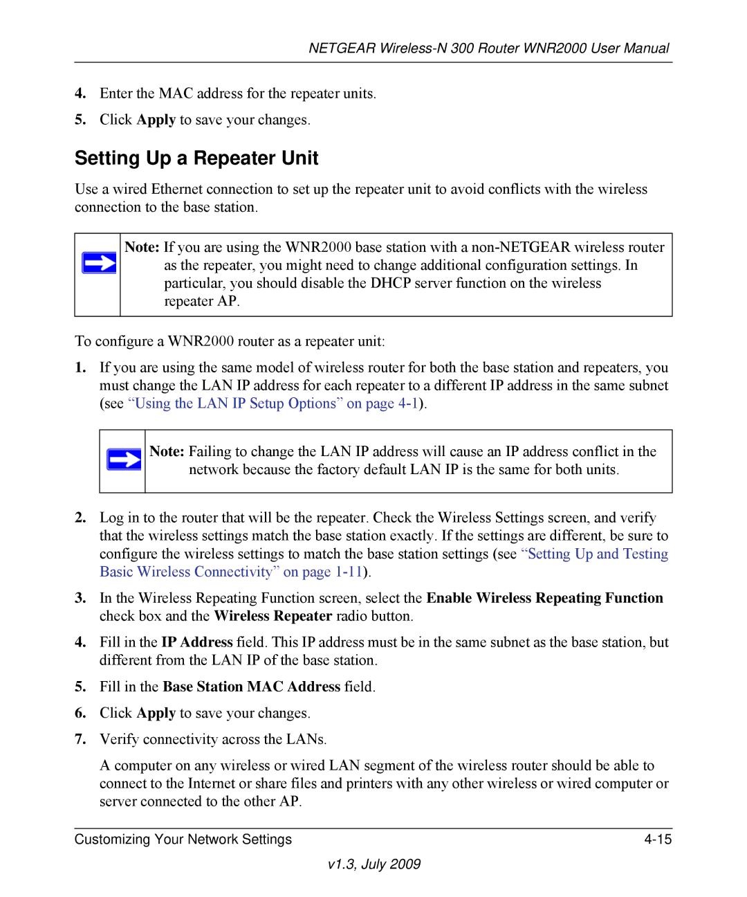 NETGEAR WNR2000 manual Setting Up a Repeater Unit, Fill in the Base Station MAC Address field 