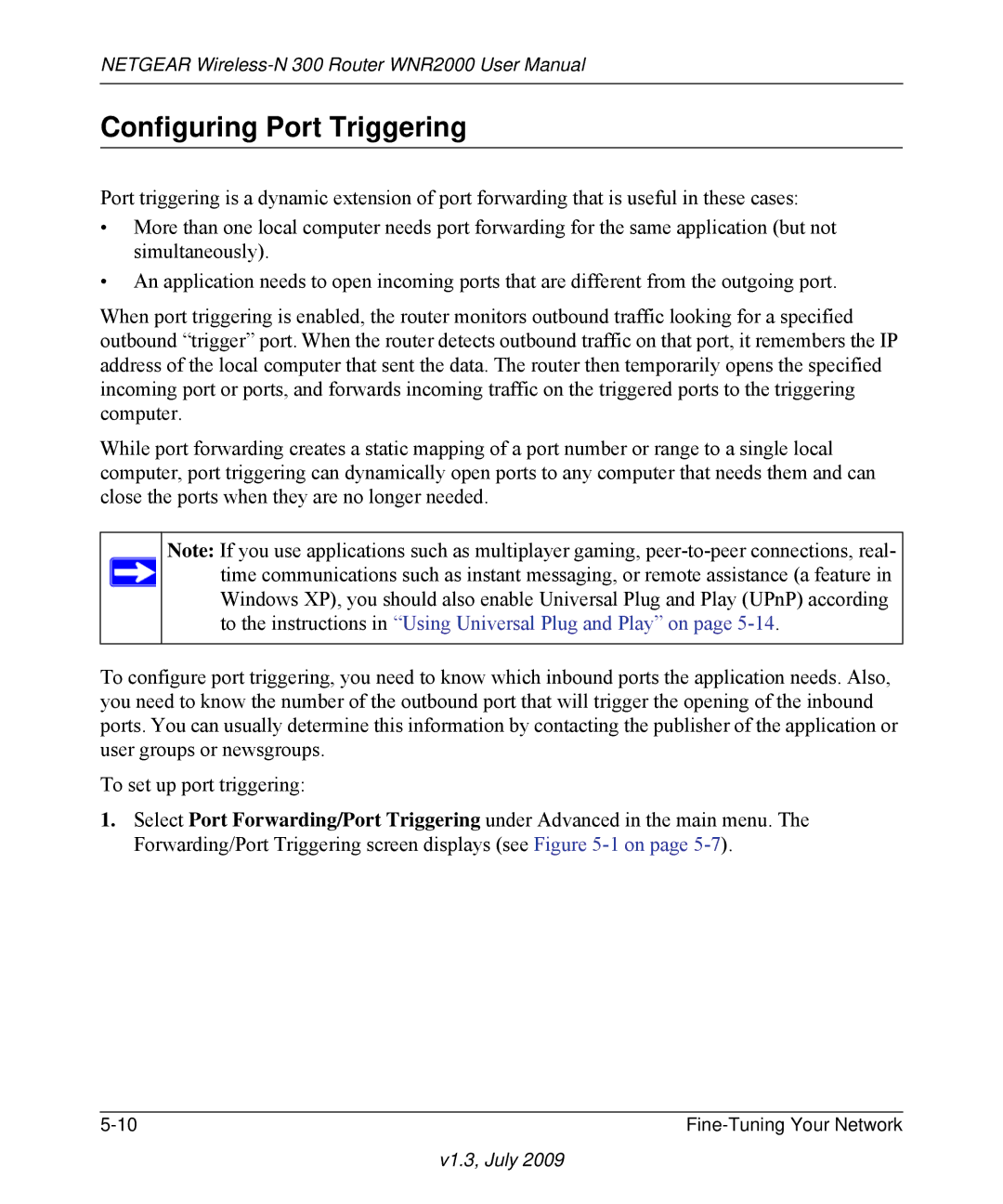 NETGEAR WNR2000 manual Configuring Port Triggering 