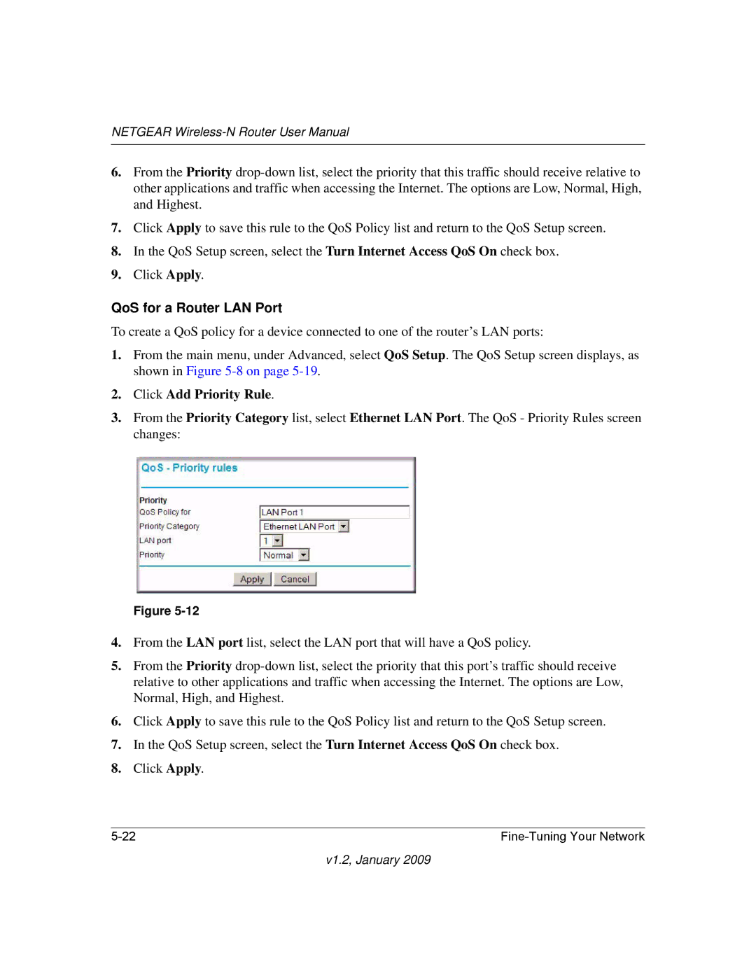 NETGEAR WNR2000 user manual QoS for a Router LAN Port, Click Add Priority Rule 