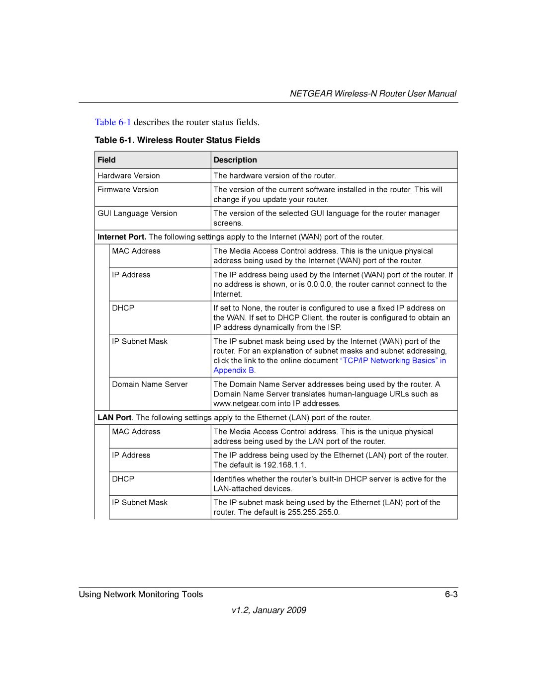 NETGEAR WNR2000 user manual 1describes the router status fields, Wireless Router Status Fields 