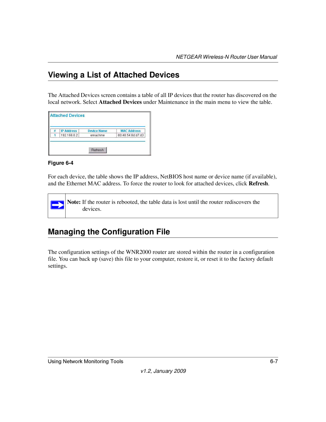 NETGEAR WNR2000 user manual Viewing a List of Attached Devices, Managing the Configuration File 