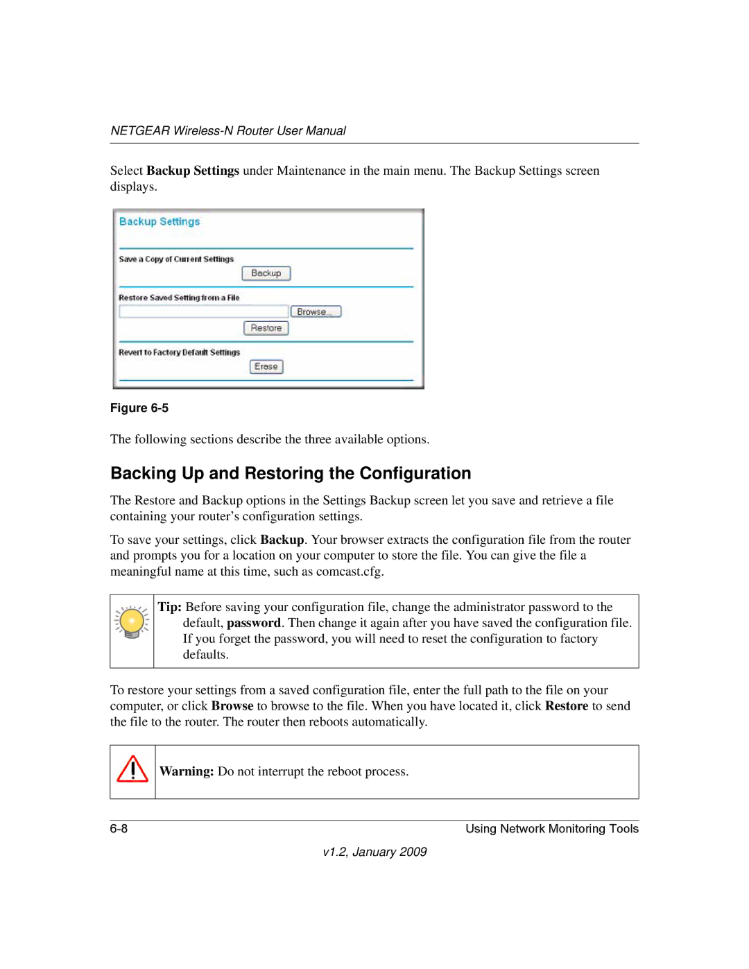 NETGEAR WNR2000 user manual Backing Up and Restoring the Configuration 