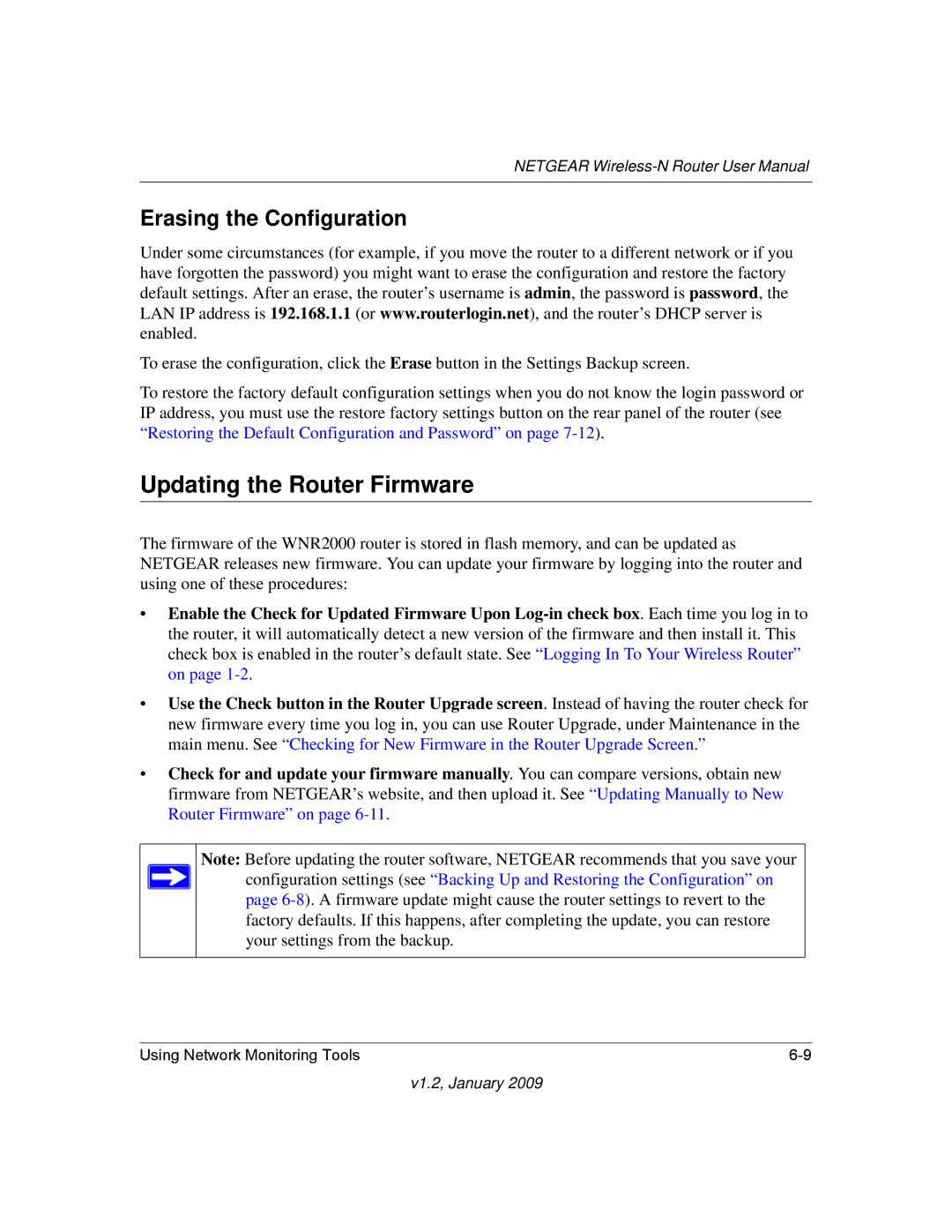 NETGEAR WNR2000 user manual Updating the Router Firmware, Erasing the Configuration 