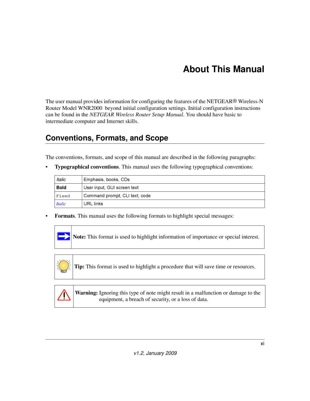 NETGEAR WNR2000 user manual About This Manual, Conventions, Formats, and Scope 