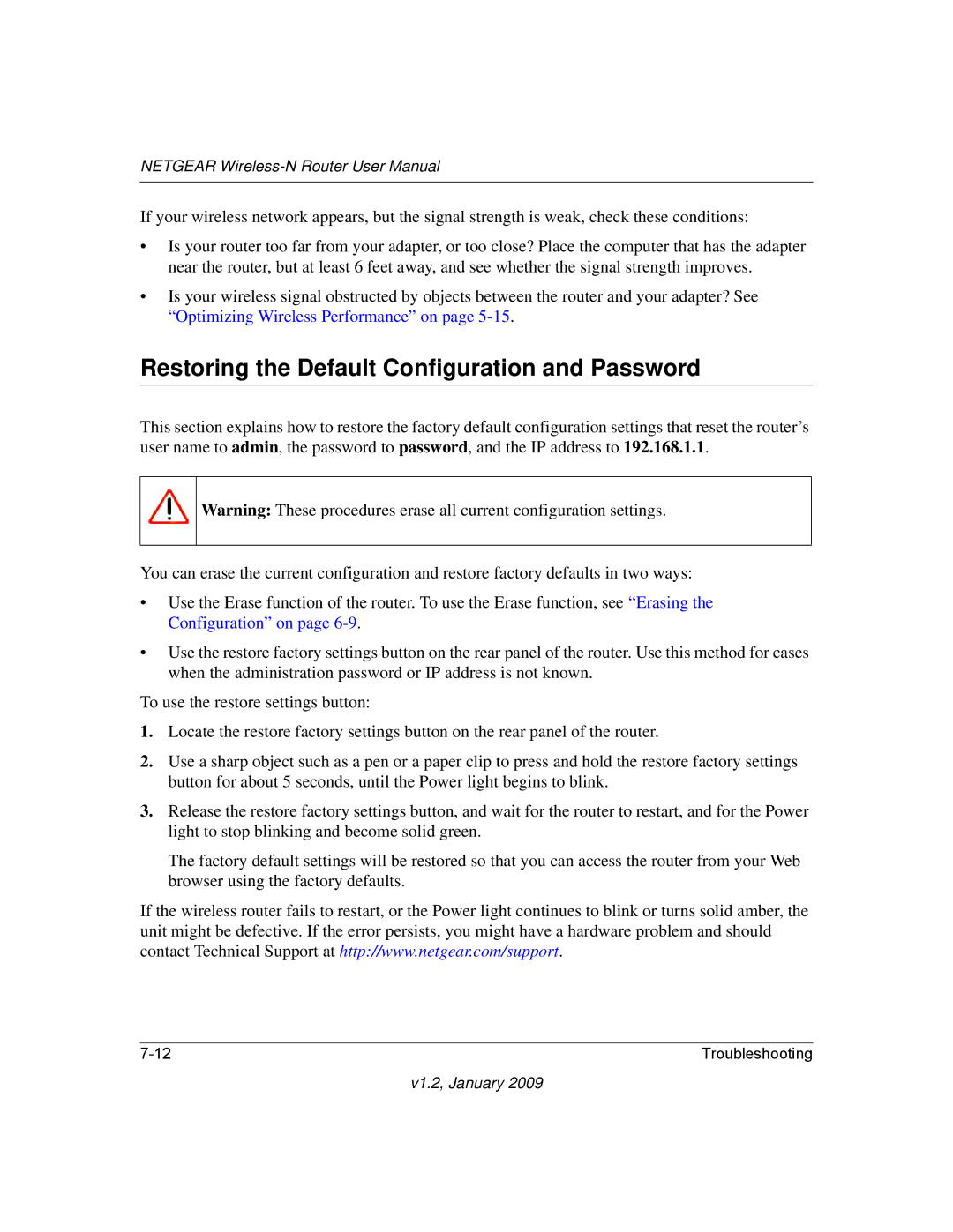 NETGEAR WNR2000 user manual Restoring the Default Configuration and Password 