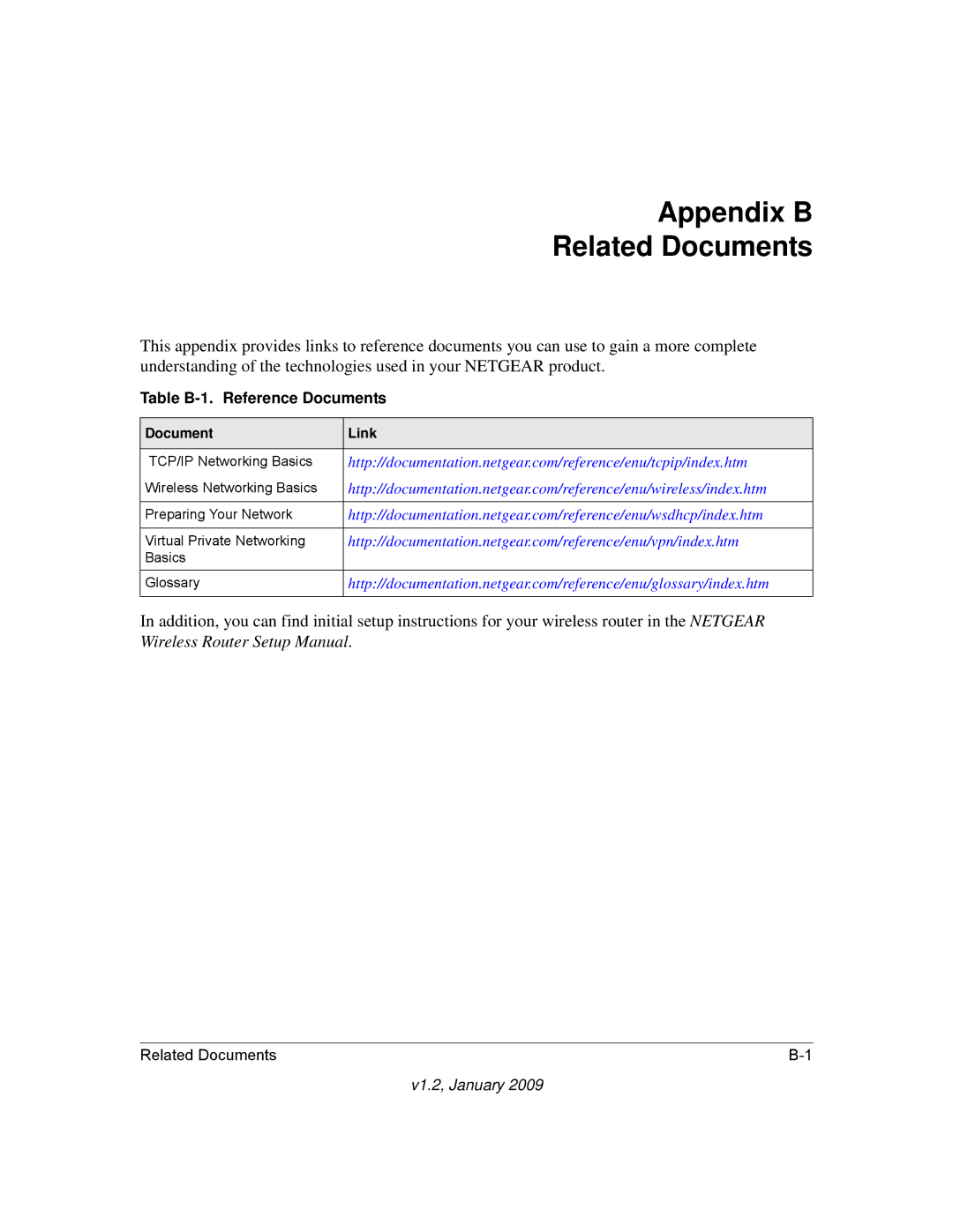 NETGEAR WNR2000 user manual Appendix B Related Documents, Table B-1. Reference Documents 