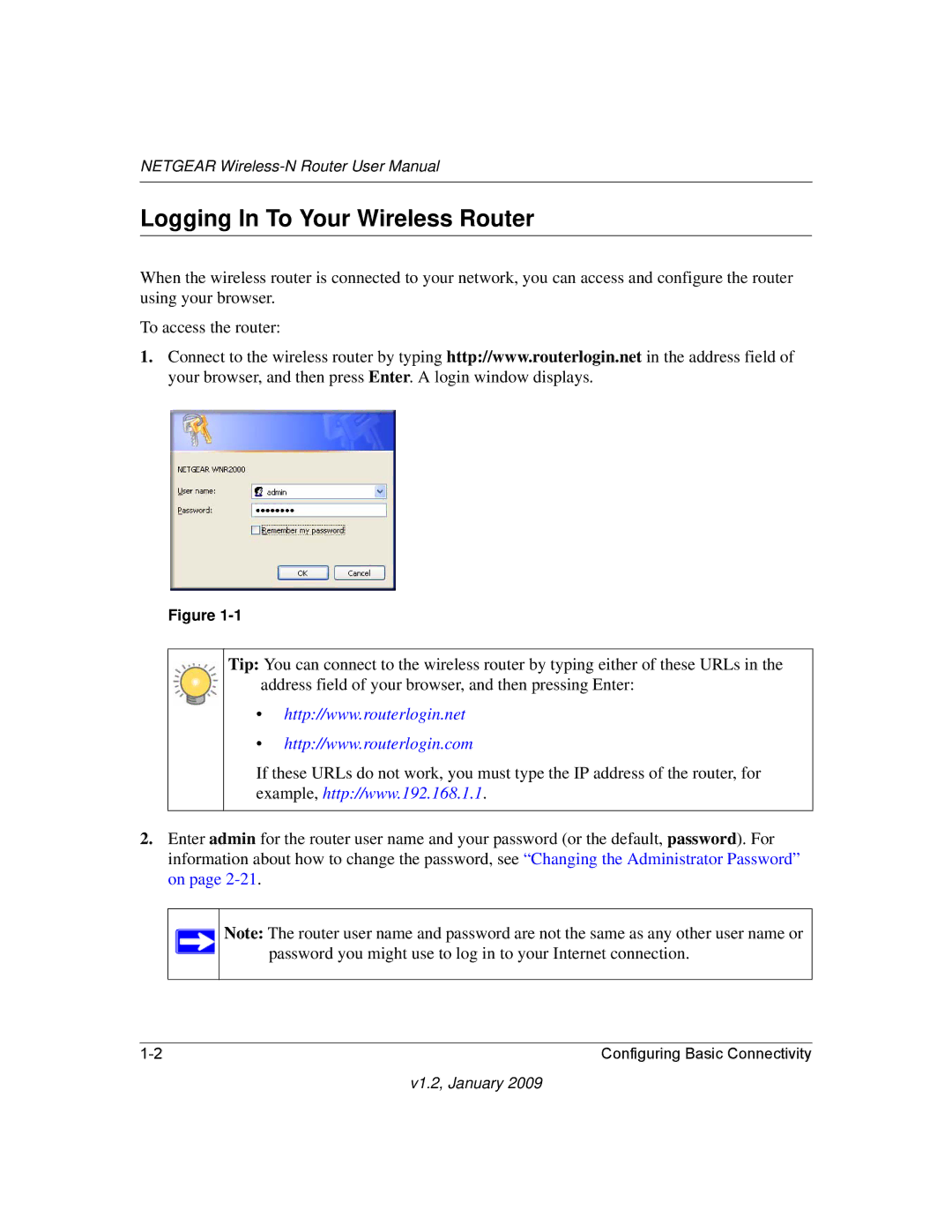 NETGEAR WNR2000 user manual Logging In To Your Wireless Router 