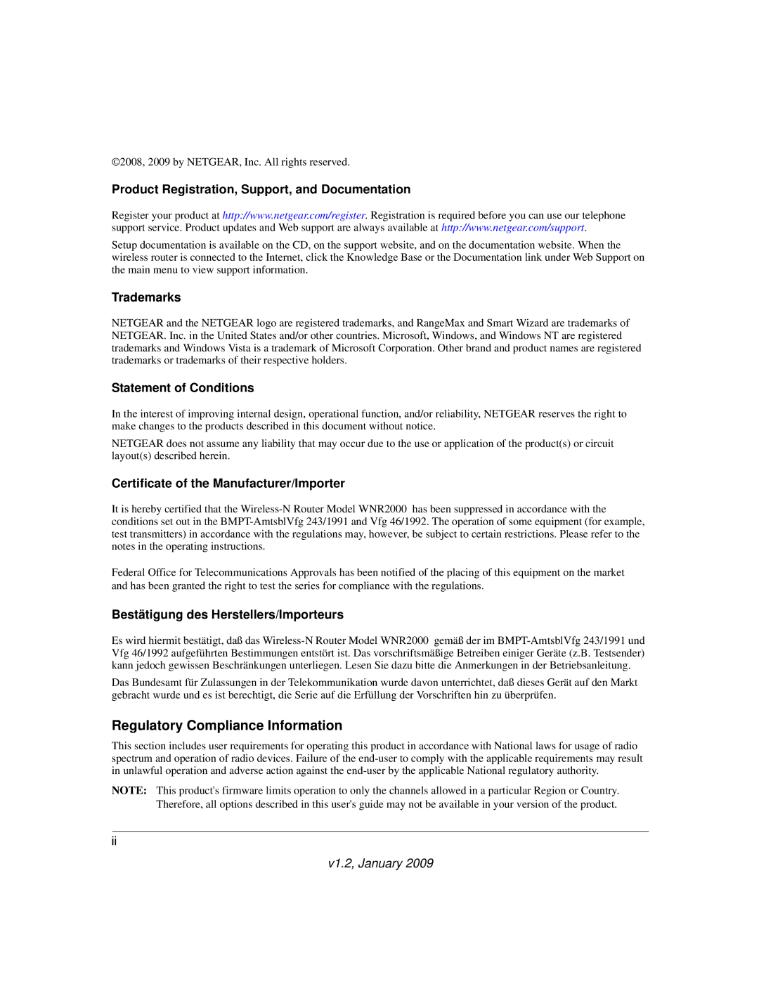 NETGEAR WNR2000 user manual Regulatory Compliance Information 