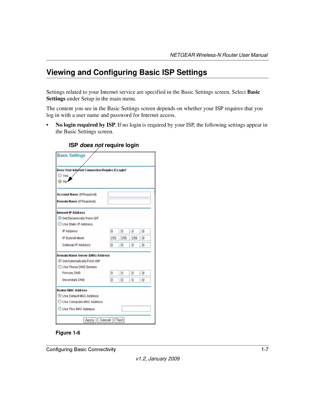 NETGEAR WNR2000 user manual Viewing and Configuring Basic ISP Settings, ISP does not require login 