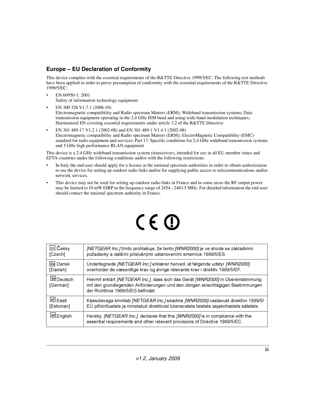 NETGEAR WNR2000 user manual Europe EU Declaration of Conformity 