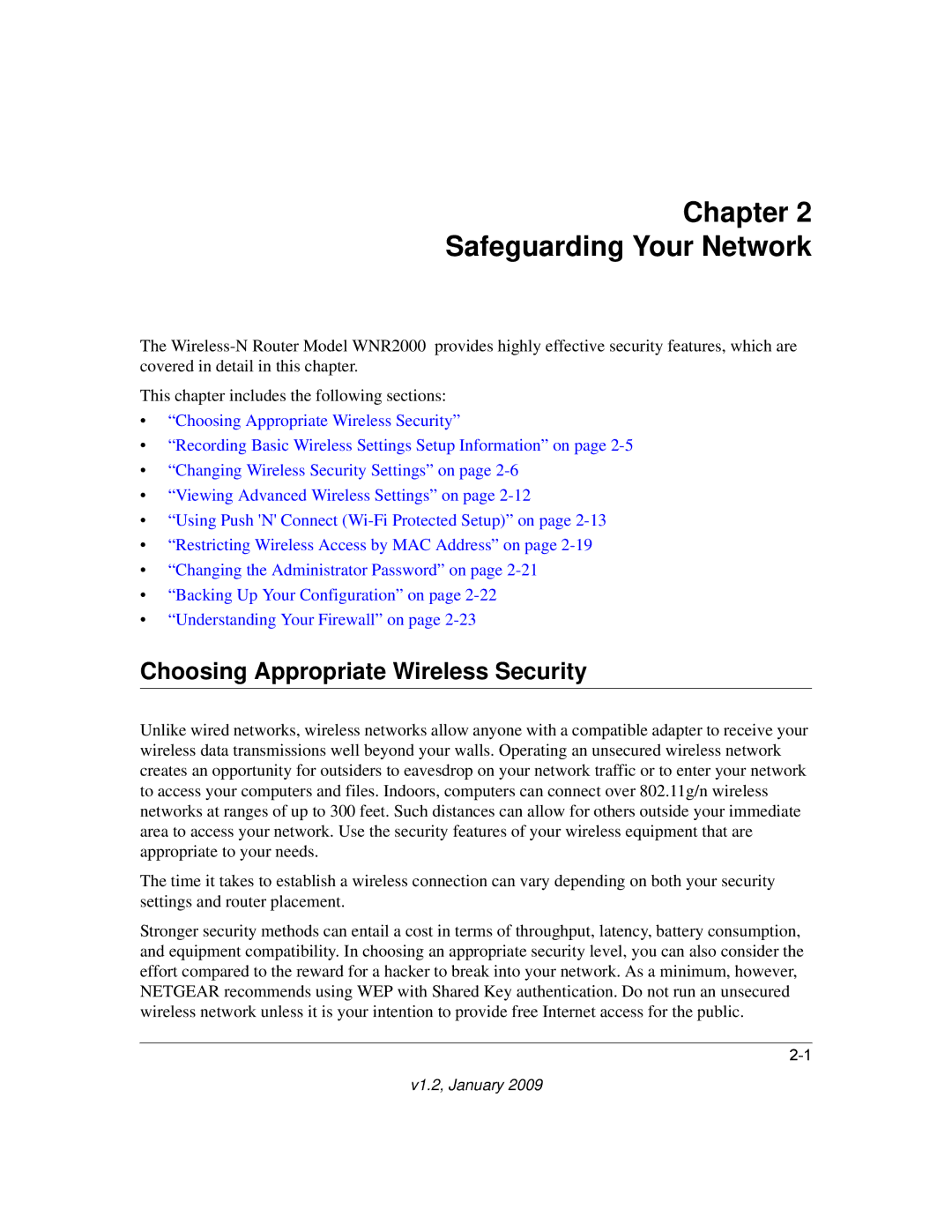 NETGEAR WNR2000 user manual Chapter Safeguarding Your Network, Choosing Appropriate Wireless Security 