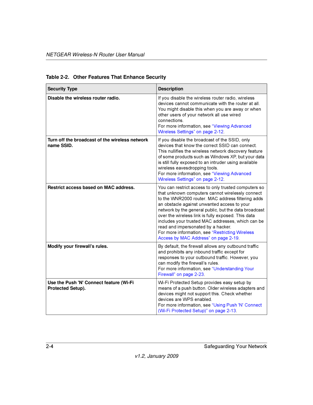 NETGEAR WNR2000 Other Features That Enhance Security, Security Type Description Disable the wireless router radio 