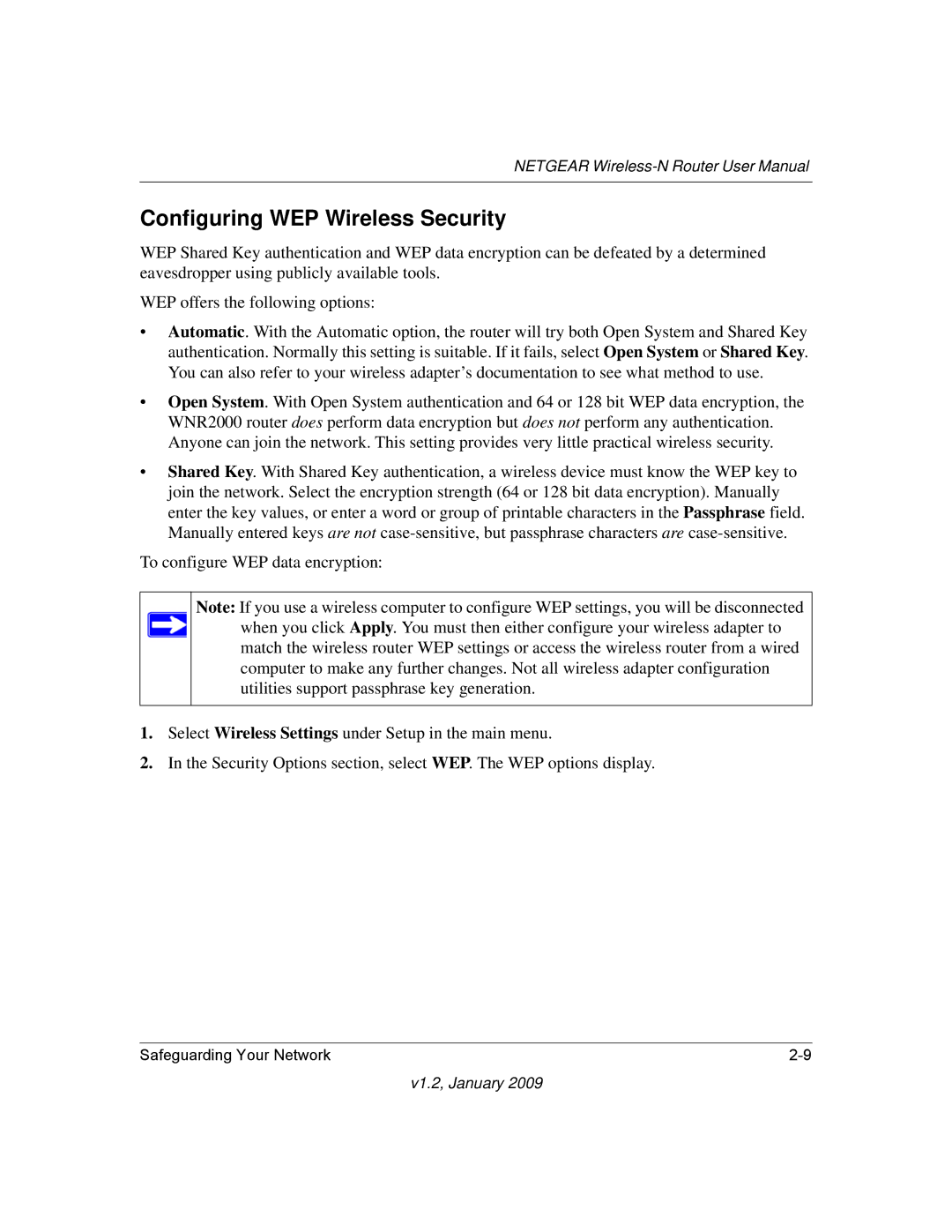 NETGEAR WNR2000 user manual Configuring WEP Wireless Security 