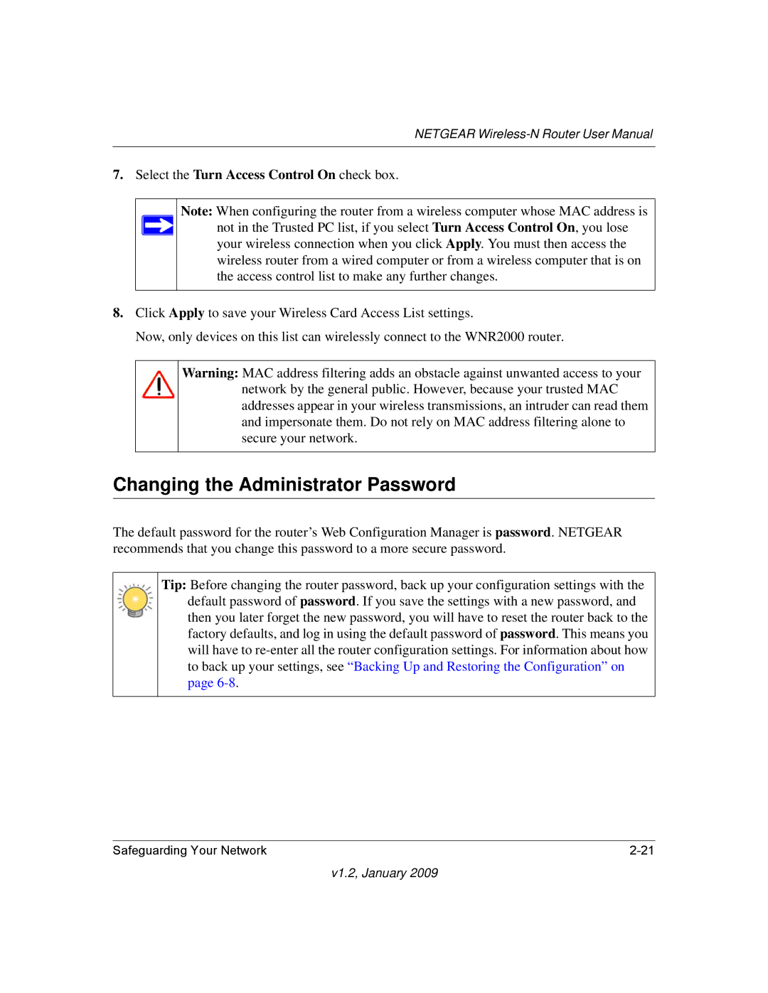 NETGEAR WNR2000 user manual Changing the Administrator Password, Select the Turn Access Control On check box 