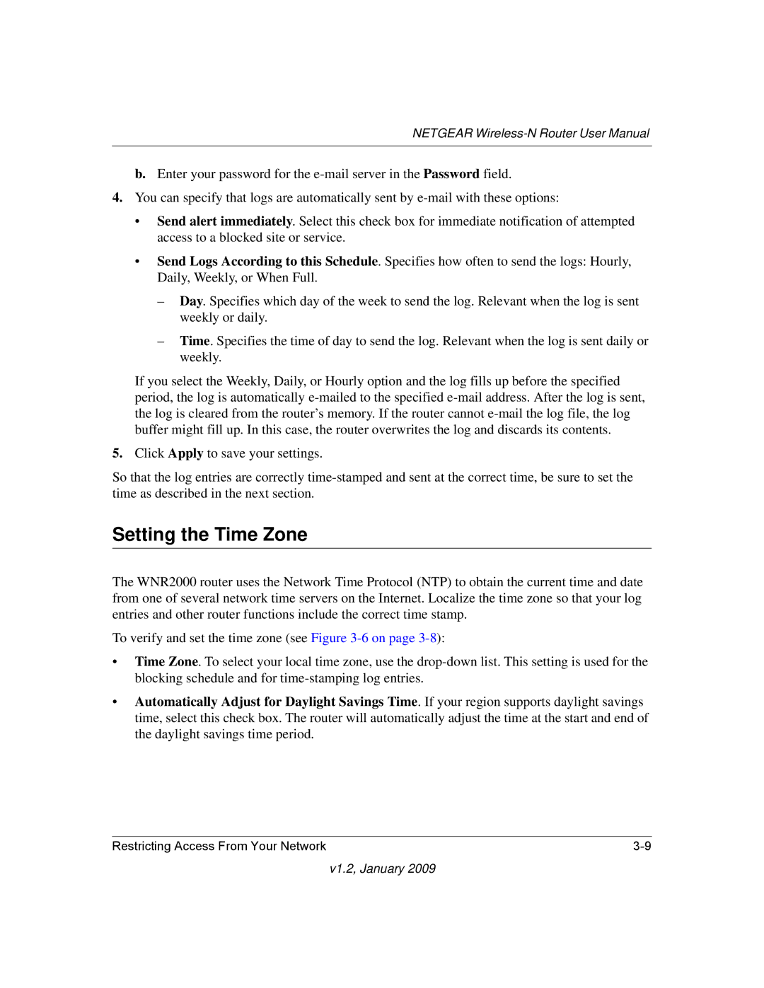 NETGEAR WNR2000 user manual Setting the Time Zone 