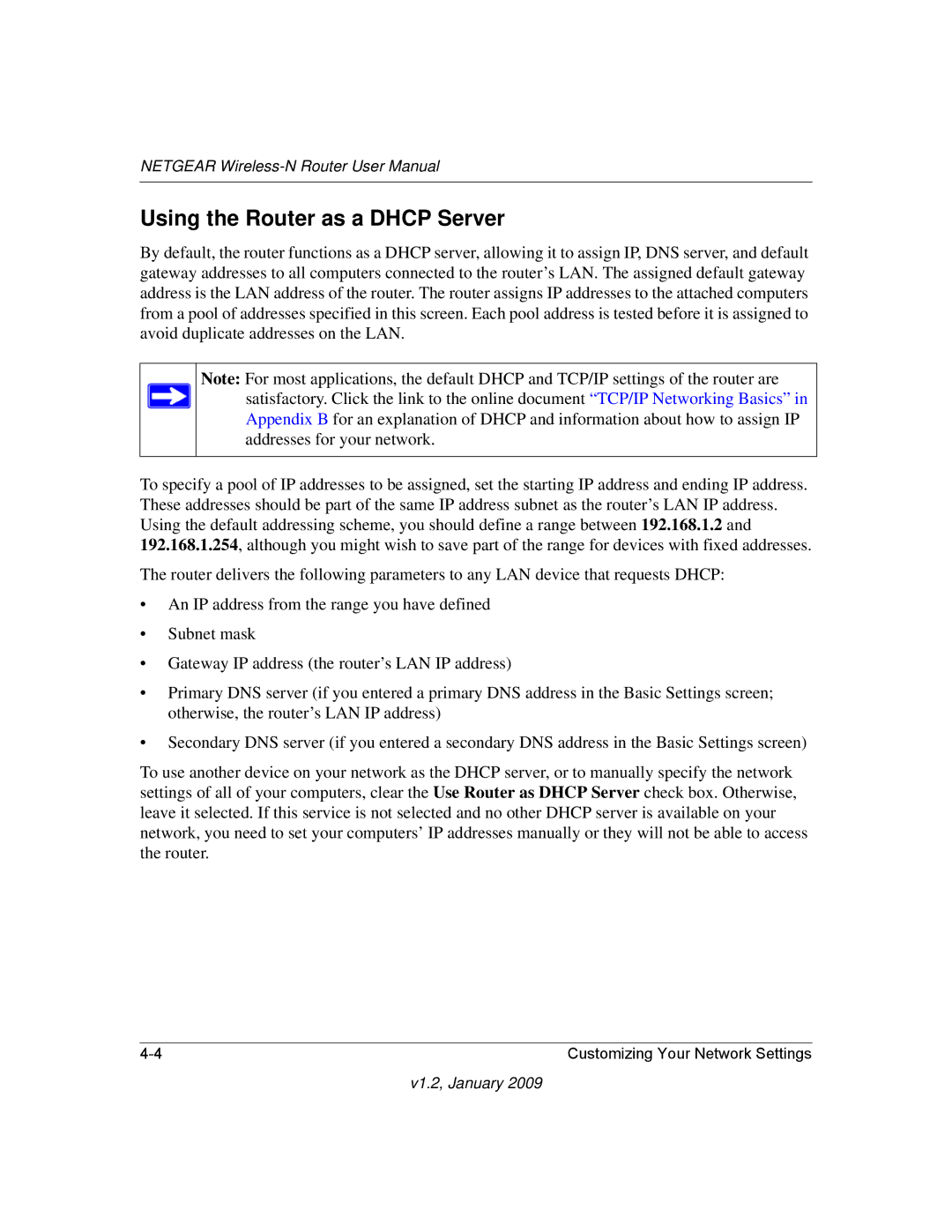 NETGEAR WNR2000 user manual Using the Router as a Dhcp Server 