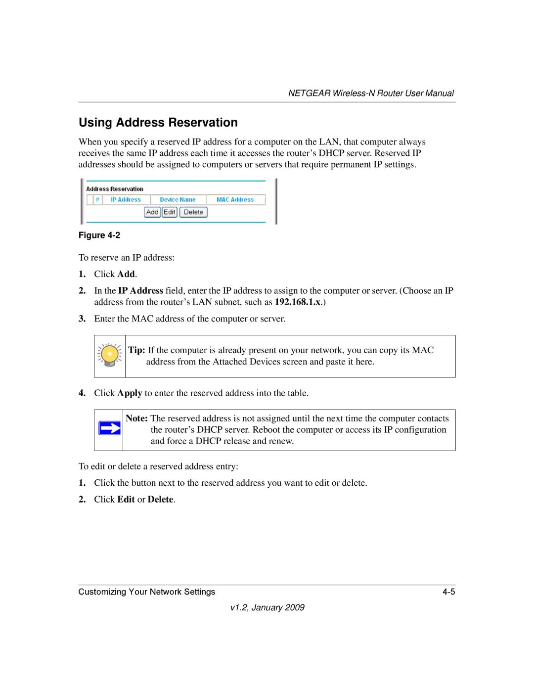 NETGEAR WNR2000 user manual Using Address Reservation 