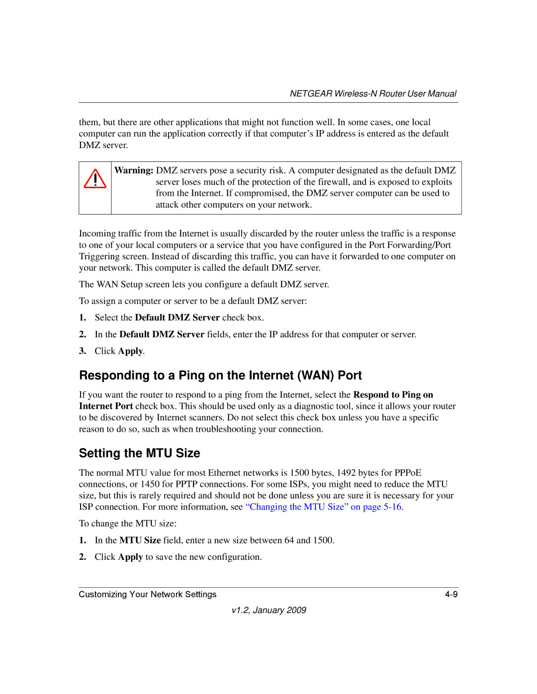 NETGEAR WNR2000 user manual Responding to a Ping on the Internet WAN Port, Setting the MTU Size 