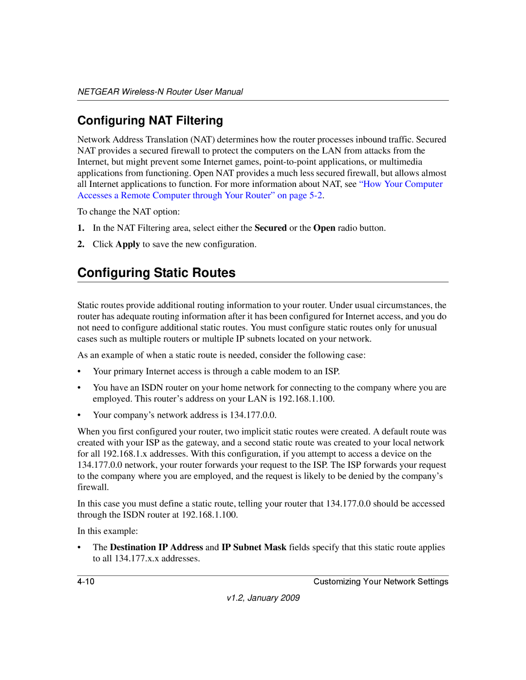 NETGEAR WNR2000 user manual Configuring Static Routes, Configuring NAT Filtering 