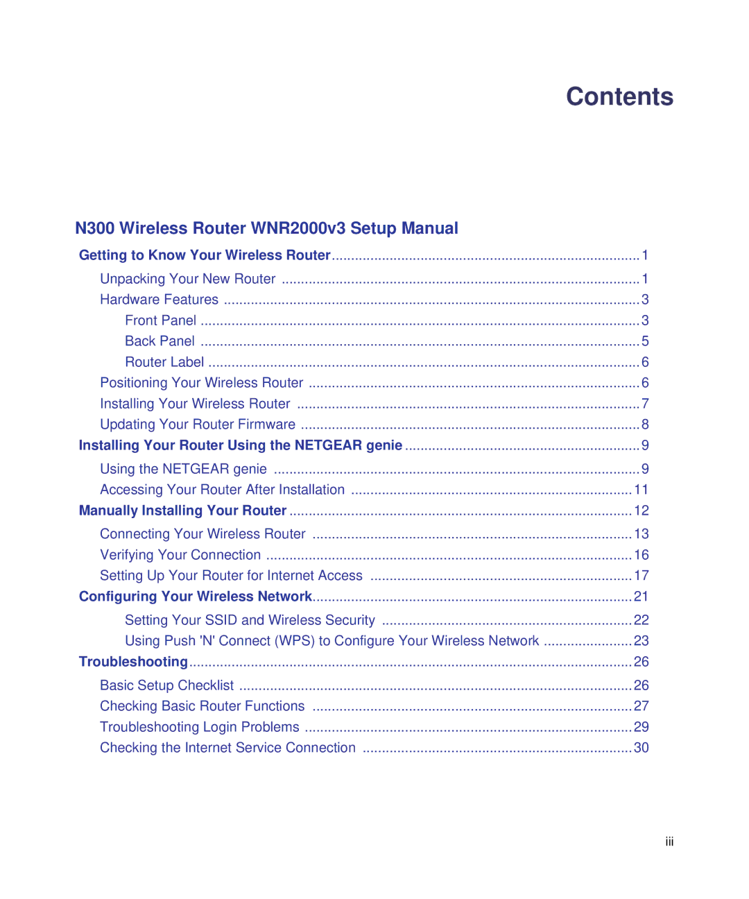 NETGEAR WNR2000V3 manual Contents 