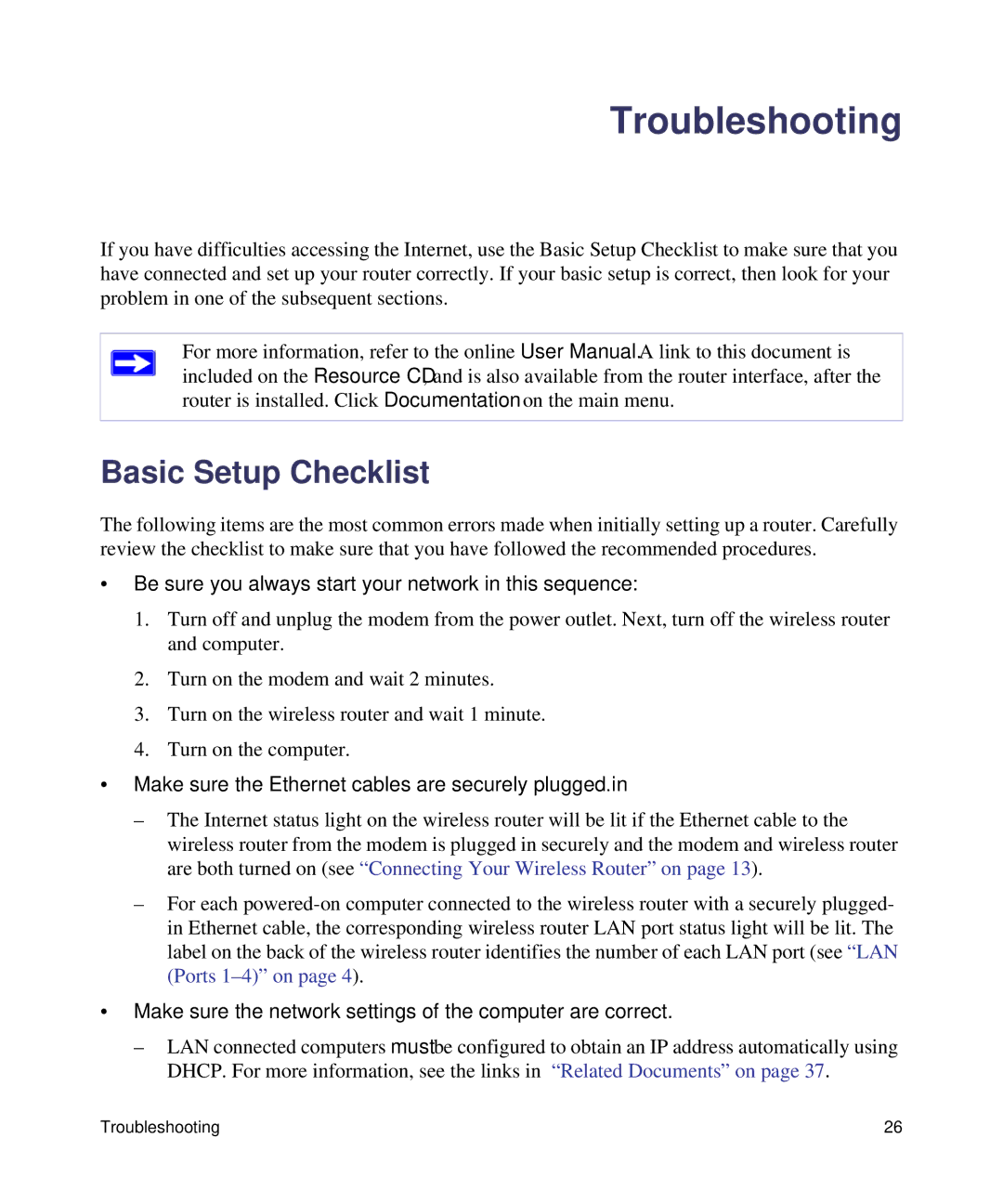 NETGEAR WNR2000V3 manual Troubleshooting, Basic Setup Checklist 