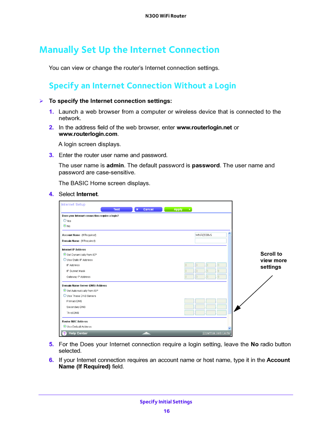 NETGEAR WNR2000v5 user manual Manually Set Up the Internet Connection, Specify an Internet Connection Without a Login 