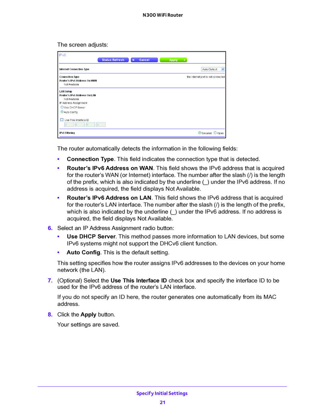 NETGEAR WNR2000v5 user manual Specify Initial Settings 