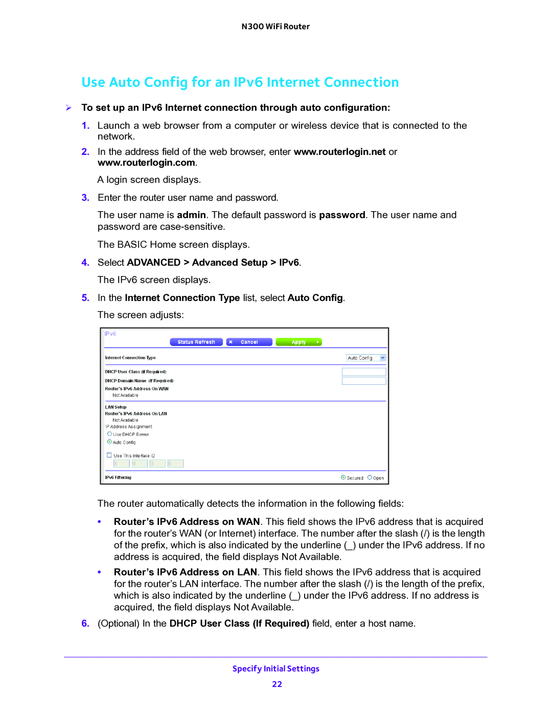 NETGEAR WNR2000v5 user manual Use Auto Config for an IPv6 Internet Connection 