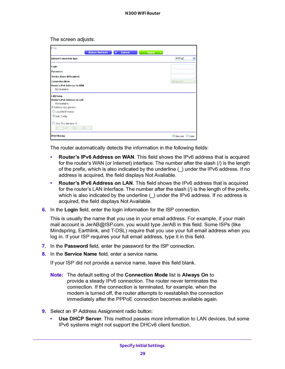 NETGEAR WNR2000v5 user manual Specify Initial Settings 