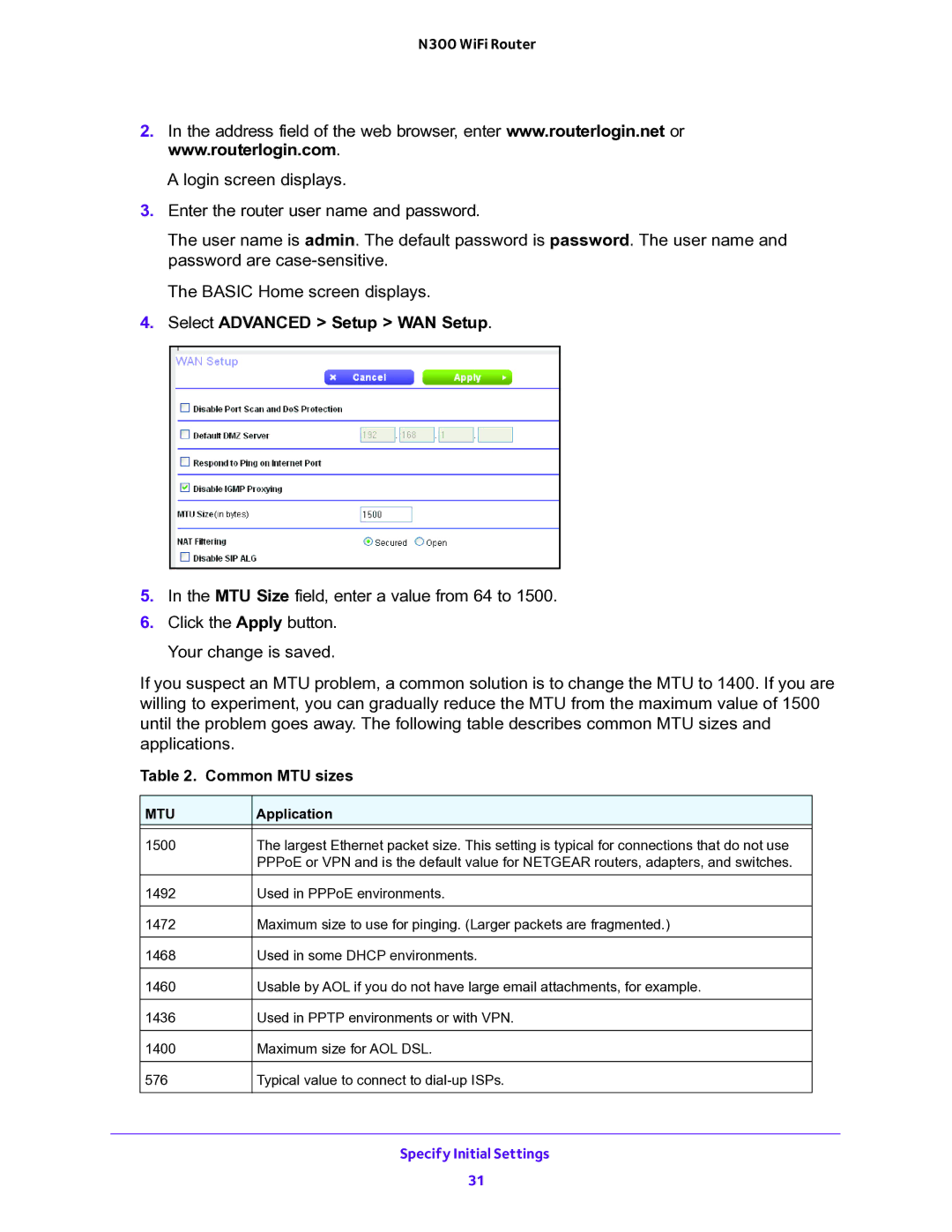 NETGEAR WNR2000v5 user manual Select Advanced Setup WAN Setup, Common MTU sizes 