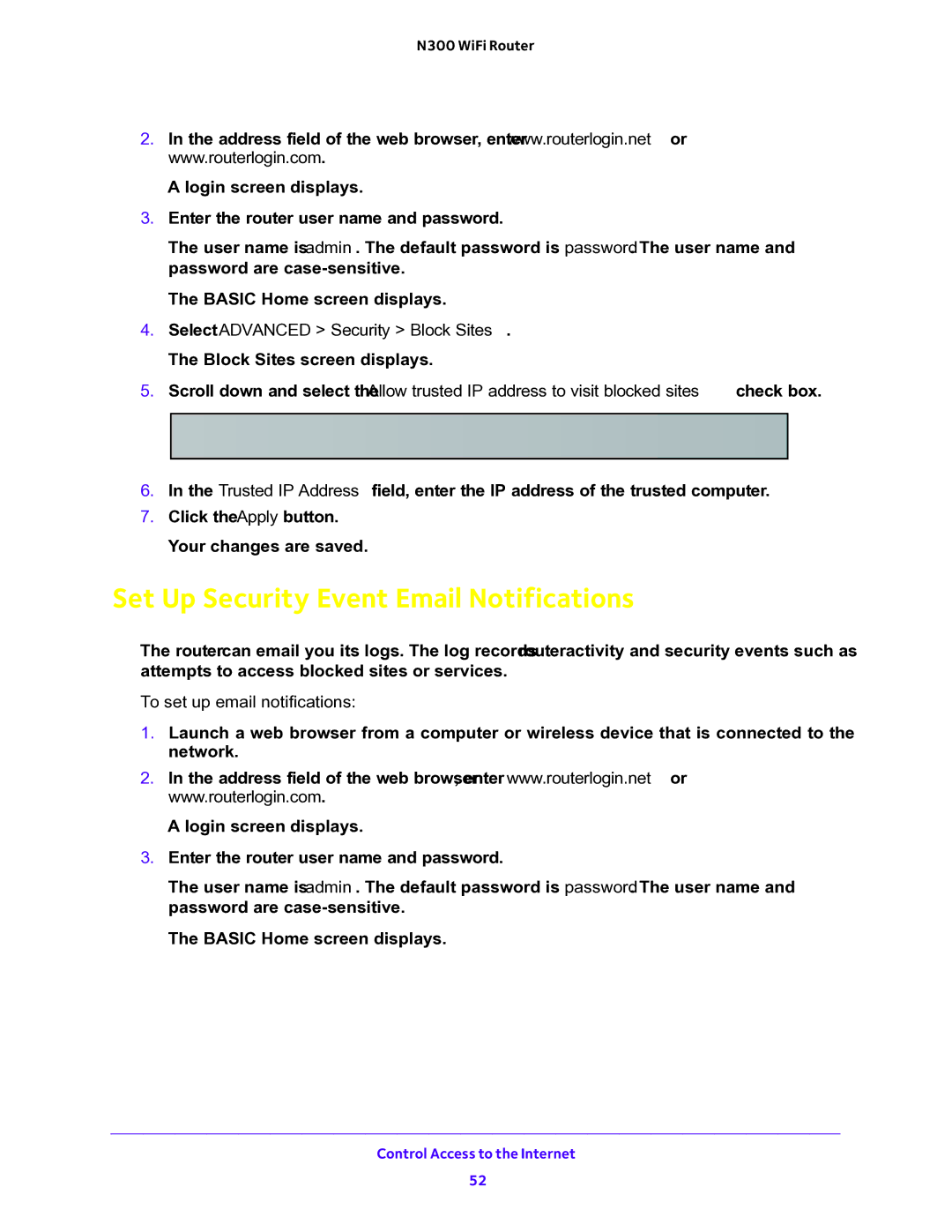 NETGEAR WNR2000v5 user manual Set Up Security Event Email Notifications,  To set up email notifications 