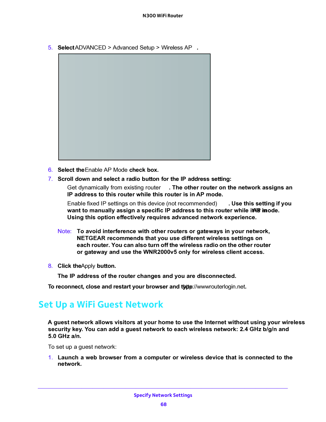 NETGEAR WNR2000v5 Set Up a WiFi Guest Network, Select Advanced Advanced Setup Wireless AP,  To set up a guest network 