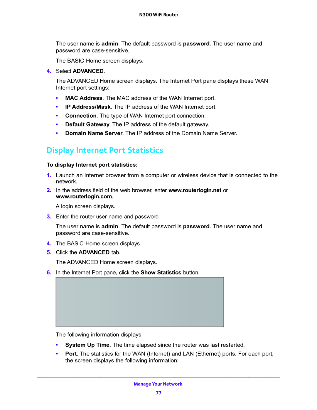 NETGEAR WNR2000v5 user manual Display Internet Port Statistics,  To display Internet port statistics 