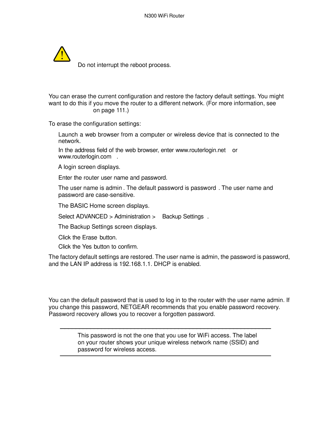 NETGEAR WNR2000v5 Change the admin Password, Erase the Current Configuration Settings, Do not interrupt the reboot process 