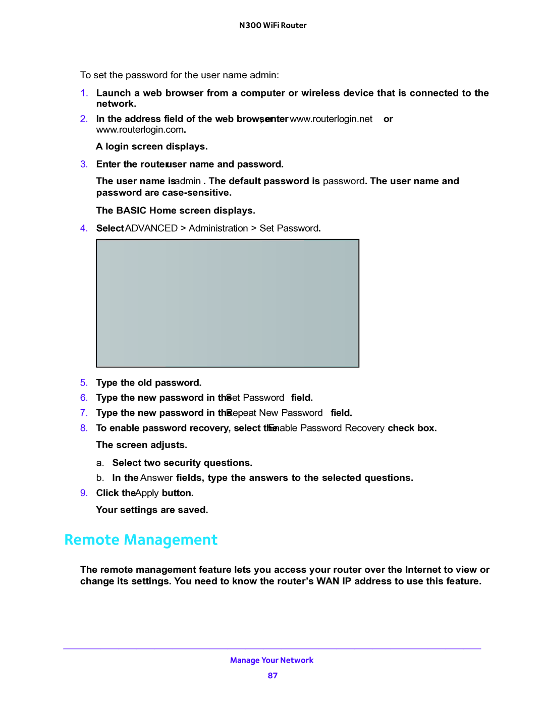 NETGEAR WNR2000v5 user manual Remote Management,  To set the password for the user name admin 