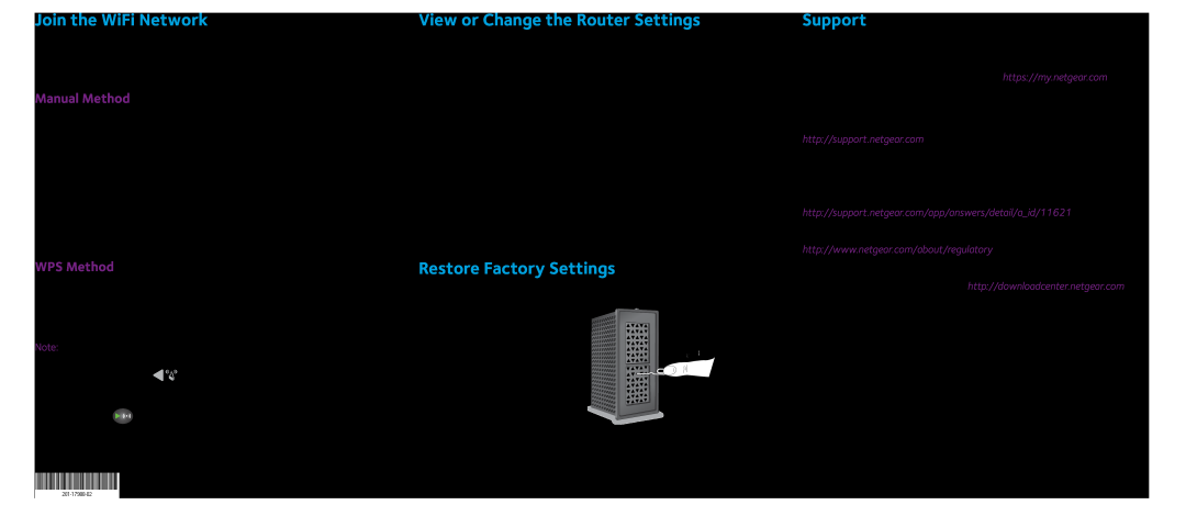 NETGEAR WNR2000v5 Join the WiFi Network, View or Change the Router Settings, Restore Factory Settings, Support, WPS Method 