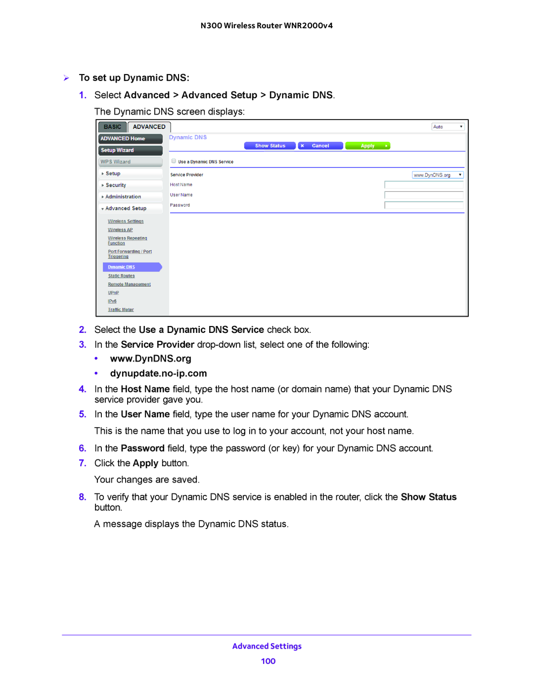 NETGEAR WNR200v4 user manual  To set up Dynamic DNS, Select the Use a Dynamic DNS Service check box, Dynupdate.no-ip.com 