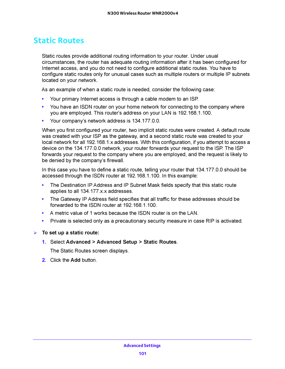 NETGEAR WNR200v4 user manual Static Routes,  To set up a static route 