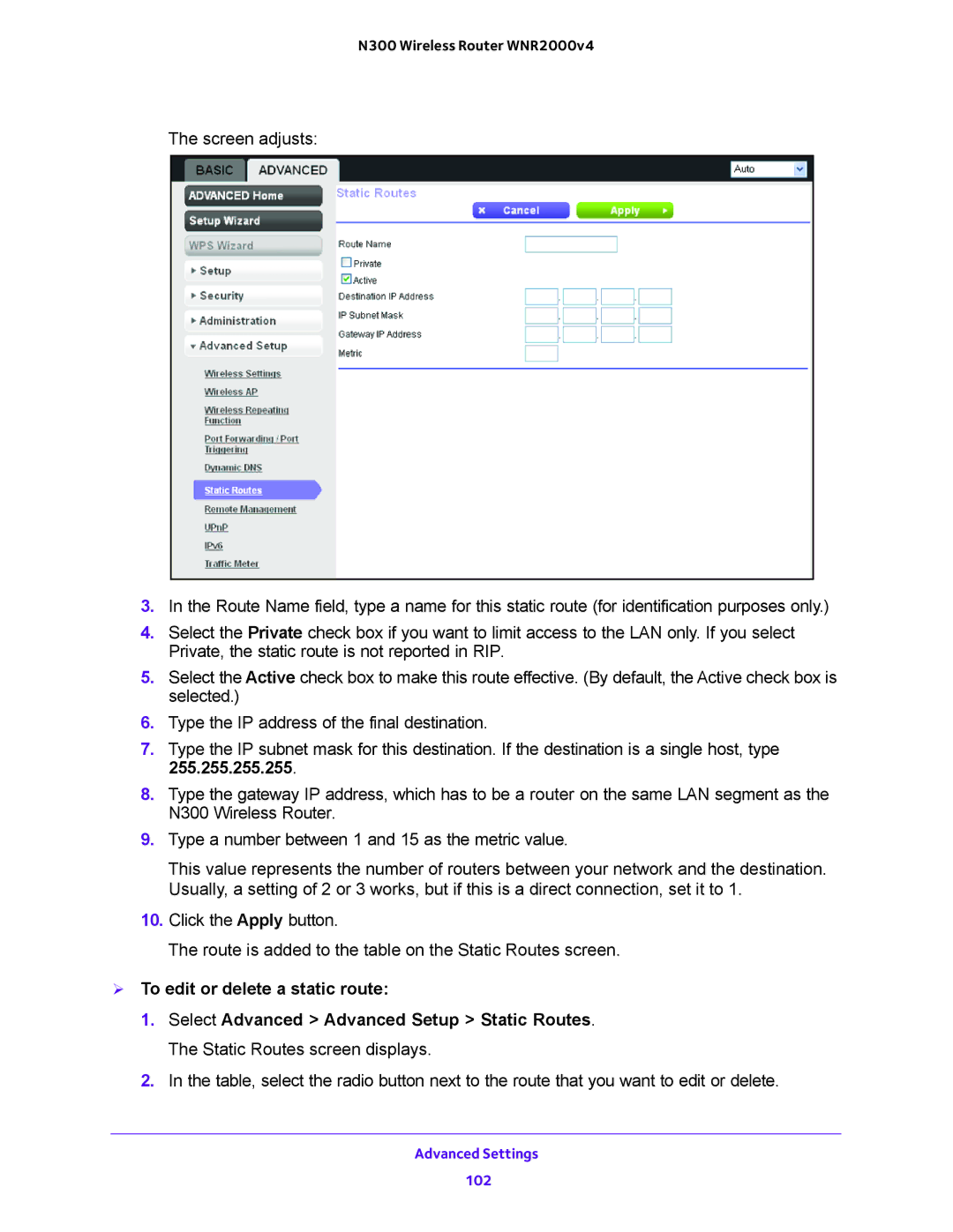 NETGEAR WNR200v4 user manual  To edit or delete a static route 