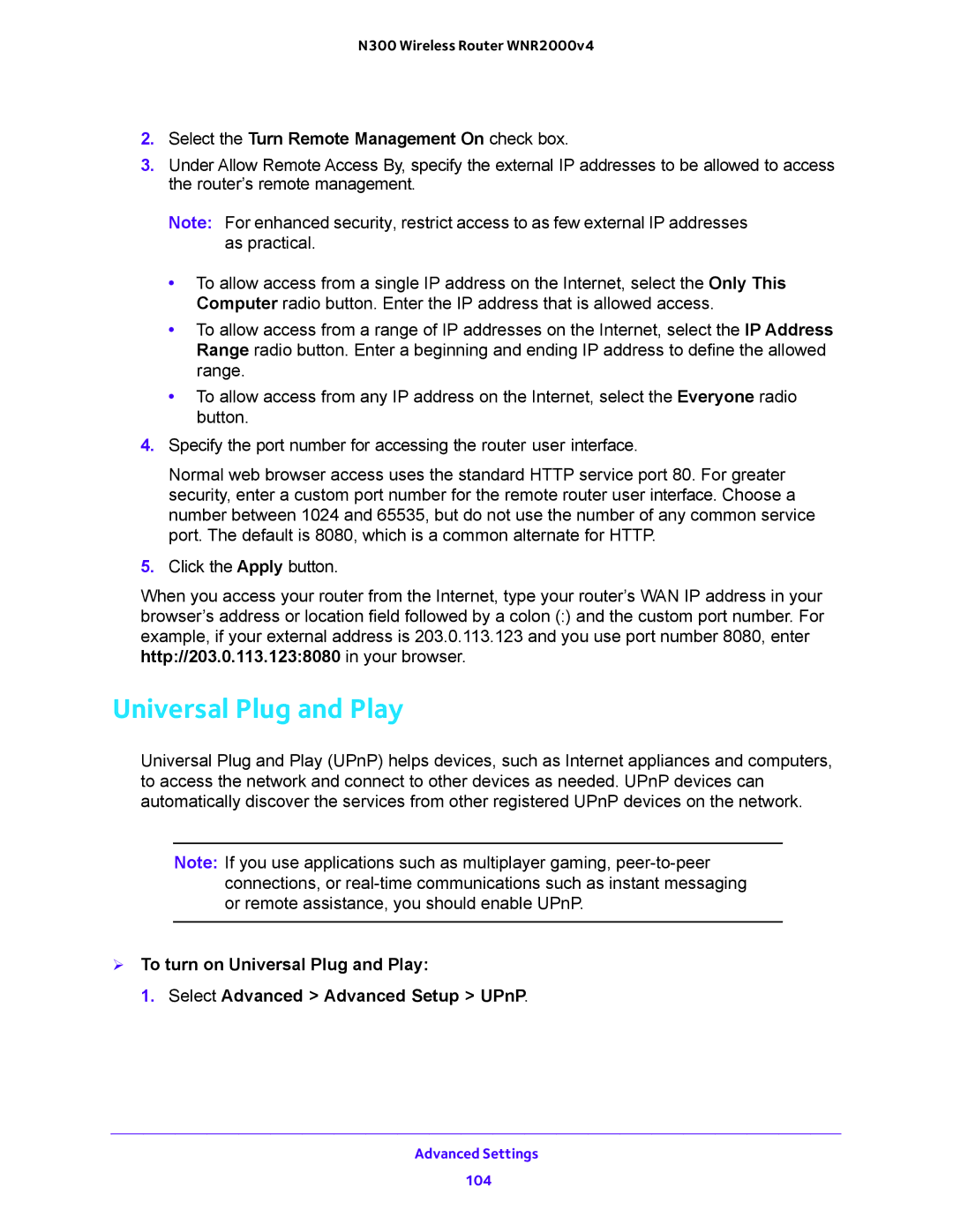 NETGEAR WNR200v4 user manual Universal Plug and Play, Select the Turn Remote Management On check box 