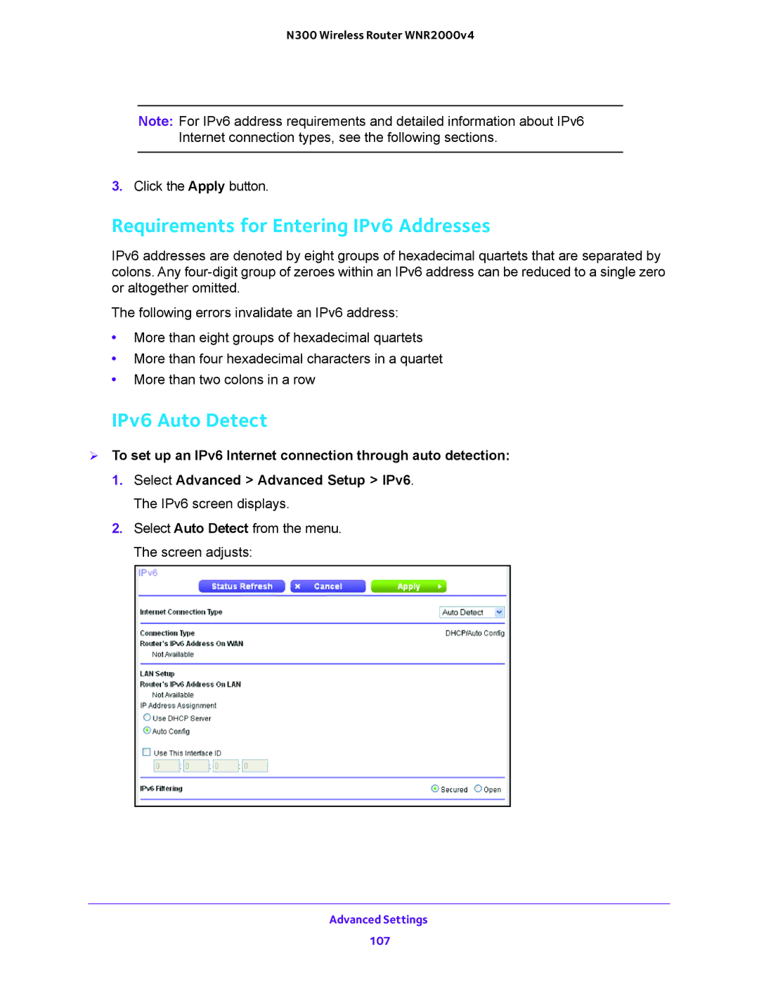 NETGEAR WNR200v4 user manual Requirements for Entering IPv6 Addresses, IPv6 Auto Detect 