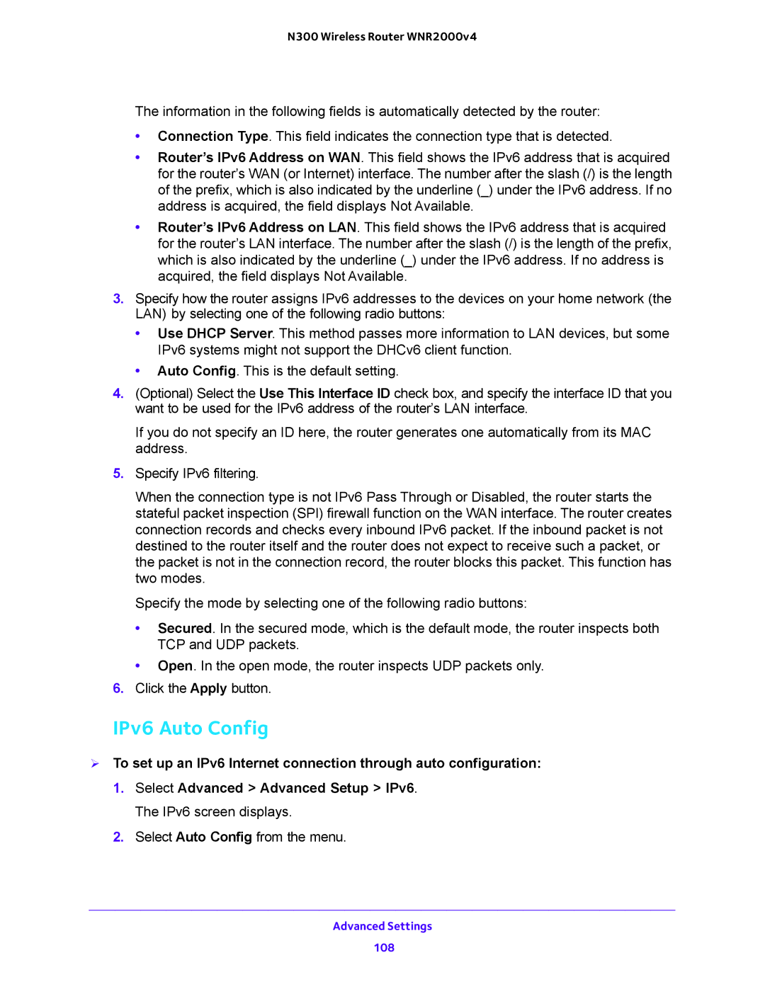 NETGEAR WNR200v4 user manual IPv6 Auto Config 