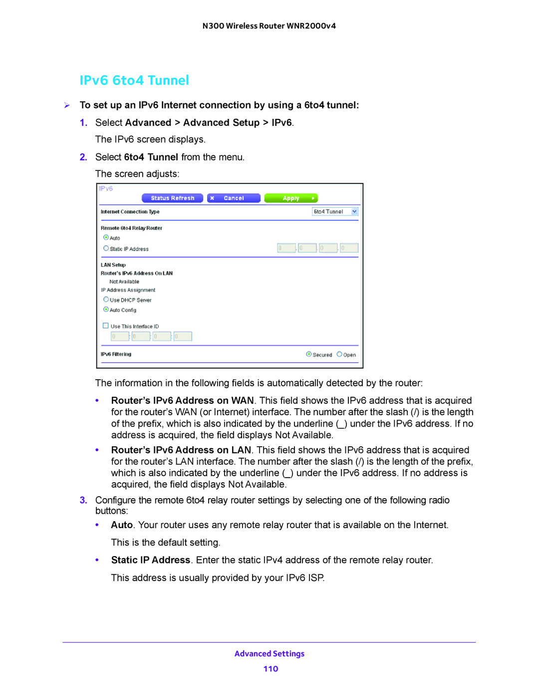 NETGEAR WNR200v4 user manual IPv6 6to4 Tunnel 